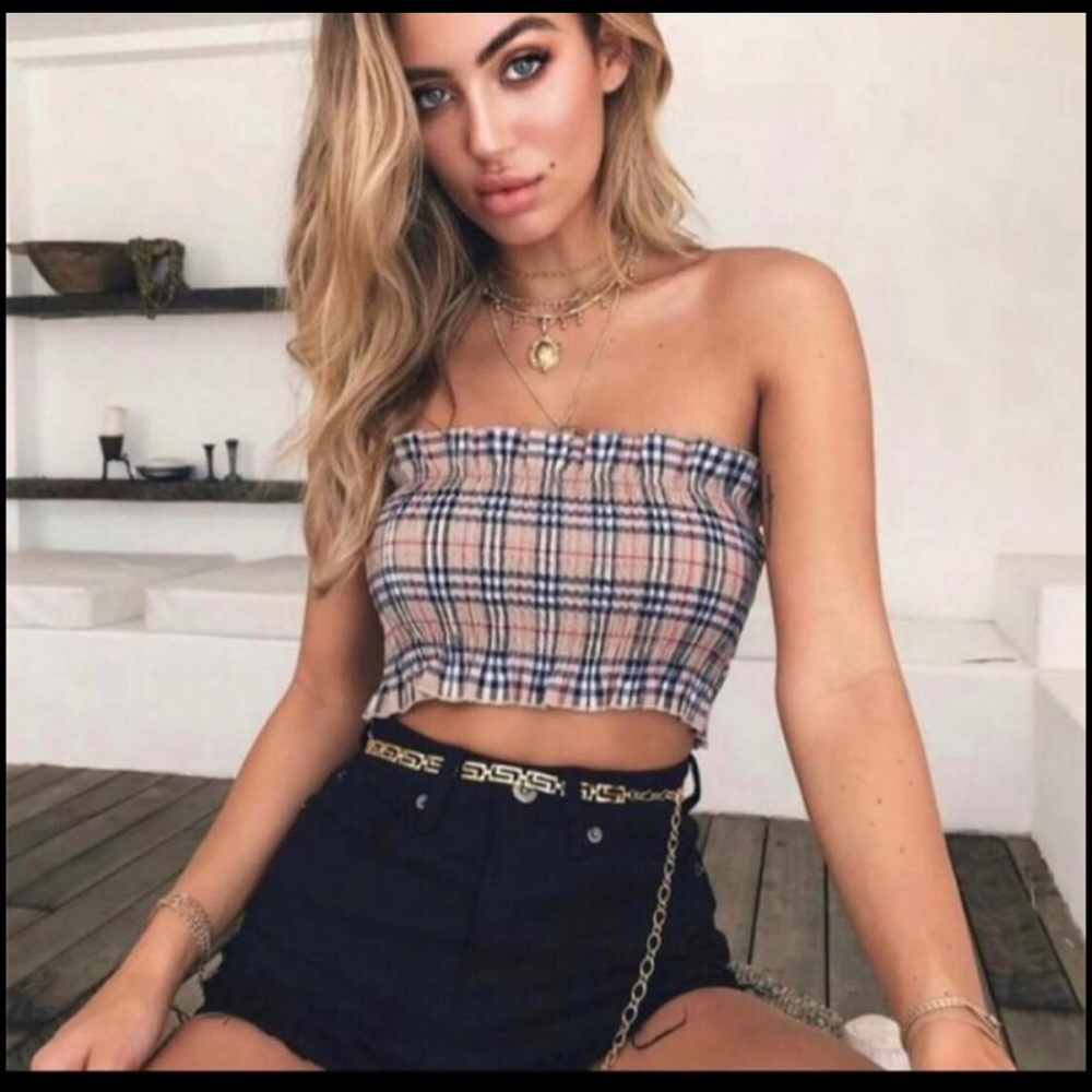 SMOCKED TAN PLAID RUFFLED CROPPED TUBE TOP